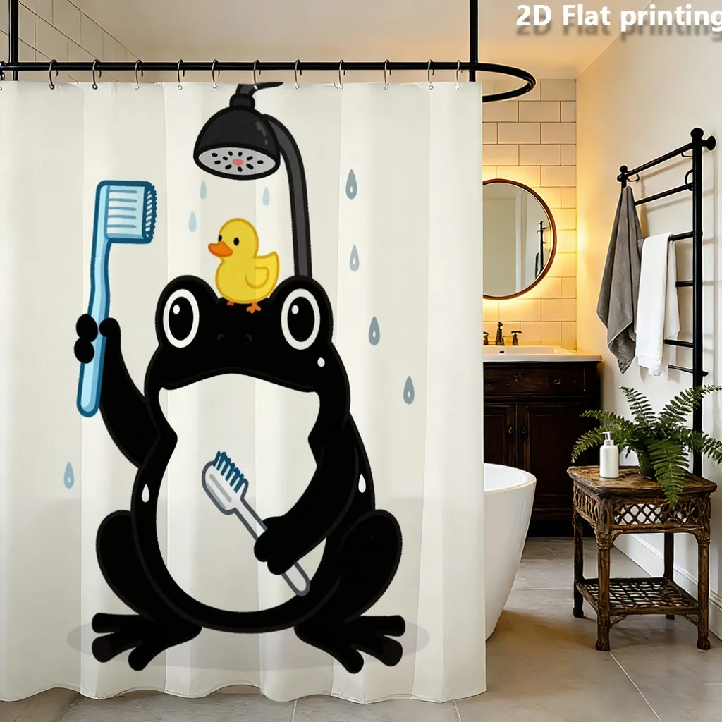 Funny Frog Shower Curtain, Cute Cartoon Toad Brushing Teeth with Duck Print Waterproof Bathroom Decor, Kids Animal Bath Screen