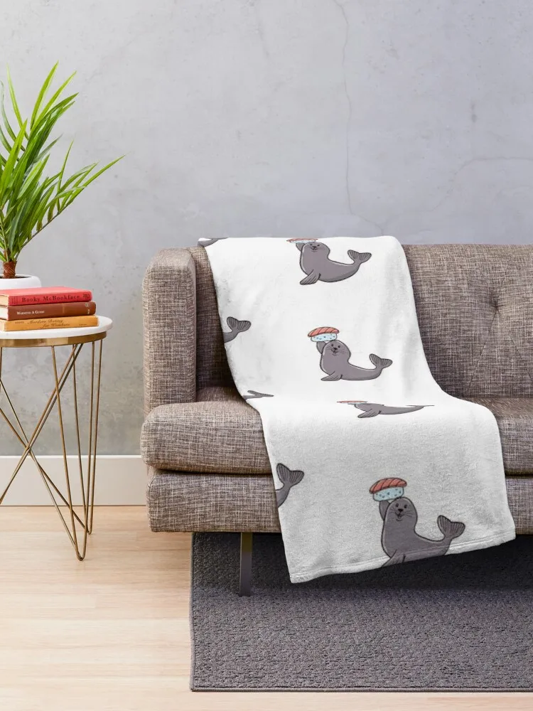 Illustration of cute seal with sushi nigiri and wasabi Throw Blanket Soft Beds Summer Blankets