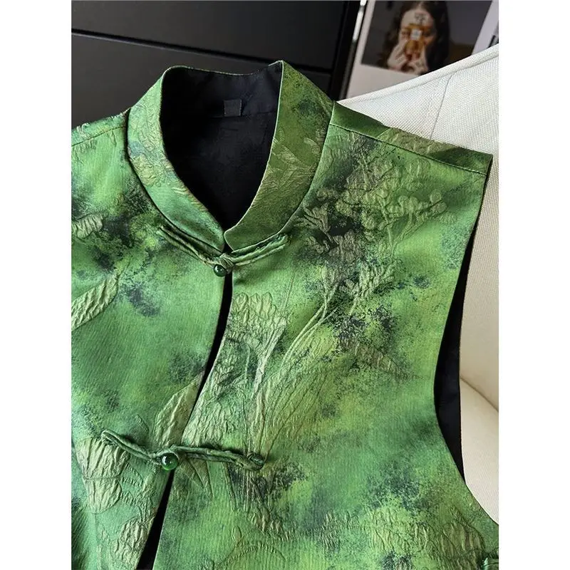 Gilet jacquard da donna dell'inizio della primavera 2025, giacca senza maniche con chiusura a rana in stile cinese, top orientale retrò su un solo lato