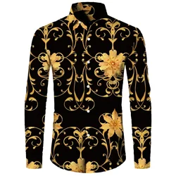 2024 New Luxury Golden Flower Chain 3D Print Men Long Sleeve Shirt Casual Mens Designer Clothing Streetwear Lapel Button Shirts