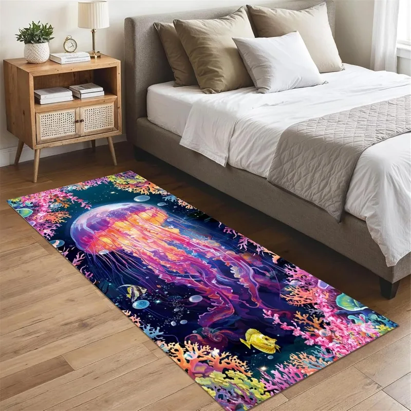 Ocean Theme Runner Rug 3D Vision Coral Reef Fish Starfish Jellyfish Printed Non-Slip Carpet  for Hallway Living Room Floor Decor