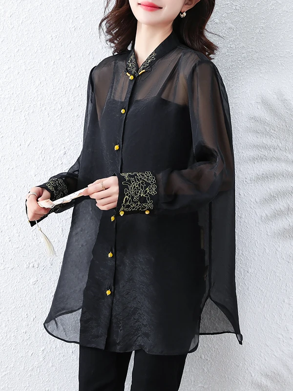 블랙 자수 셔츠 여성용 봄 루즈핏 스탠드 칼라 버튼업 자외선 차단 긴팔 중간 길이 캐주얼 셔츠