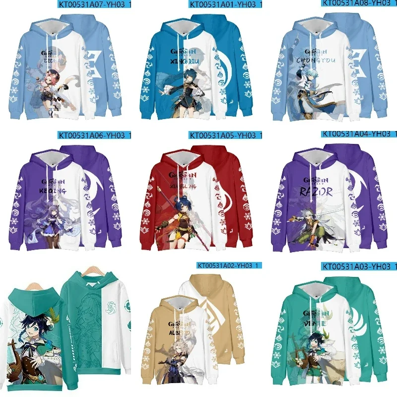 Keqing Xiao Zhongli Game Impact Sweatshirt Harajuku V-Neck Plus size hoodies Comics Style Loose Fans Gift Long-sleeved Shirt