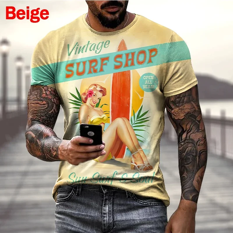 Classic Vintage Summer Men\'s T-shirt Motorcycle Girl 3D Printed Hip Hop Street Short Sleeve Fashion Casual Loose Oversized Top