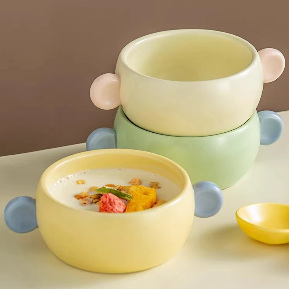 Ceramic Double Ear Bowl Stew Pot Macaron Colored Breakfast Bowl with Anti-scald Handles Fruit Salad Bowl Kitchen Baby Tableware