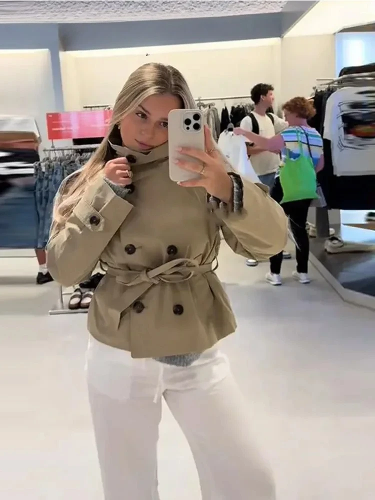 Street Women's Belt Cropped Trench Coat Elegant Stand Collar Double Breasted Long Sleeve Jacket  Autumn Lady Commute Outwear