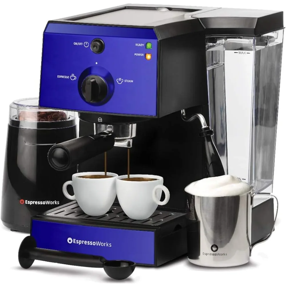 

All-In-One Espresso Machine with Milk Frother 7-Piece Set - Maker Includes Grinder, Frothing Pitcher, Cups, Spoon and Tamper