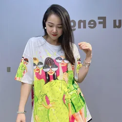 여성용 3D 프린트 티셔츠, 다채로운 캐릭터 다이아몬드 구슬 장식, 여성 반팔 상의, 패션 여름 의류
