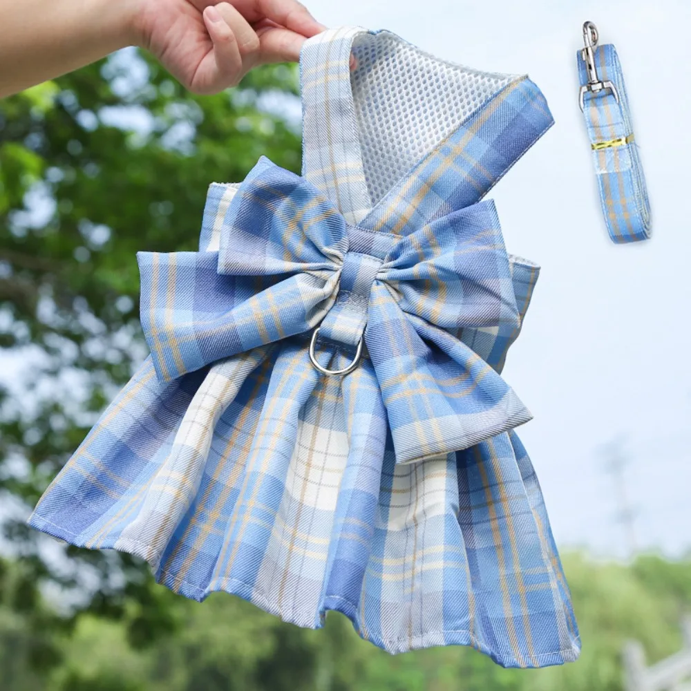 

with Leash Traction Dog Plaid JK Dress Comfortable Thin Dog Bow Skirt Adjustable Dacron Pet Harness Skirt Pet