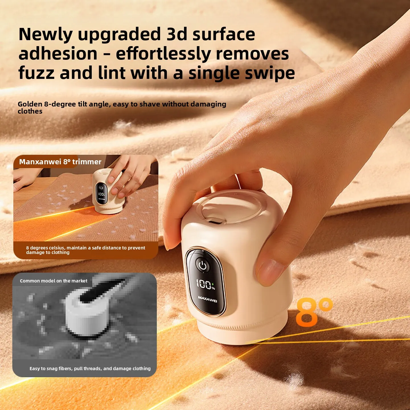 Purple 3-Speed Smart Display Lint Remover, Professional Fabric Defuzzer with Suction, Non-Damage for Clothes, Long Battery Life