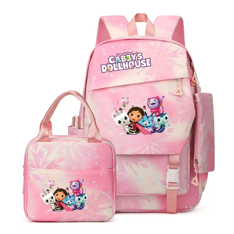 3Pcs/set Gabby Dollhouses Print Backpack Set With Lunch Bag And Pencil Bag Large Capacity Lightweight And Breathable Outdoor