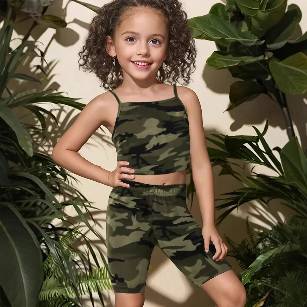 New 2025 Summer Girls Casual Clothing Sets Baby Girl Sleeveless Camouflage Print Sling Crop Tops + Shorts Children Sports Suit