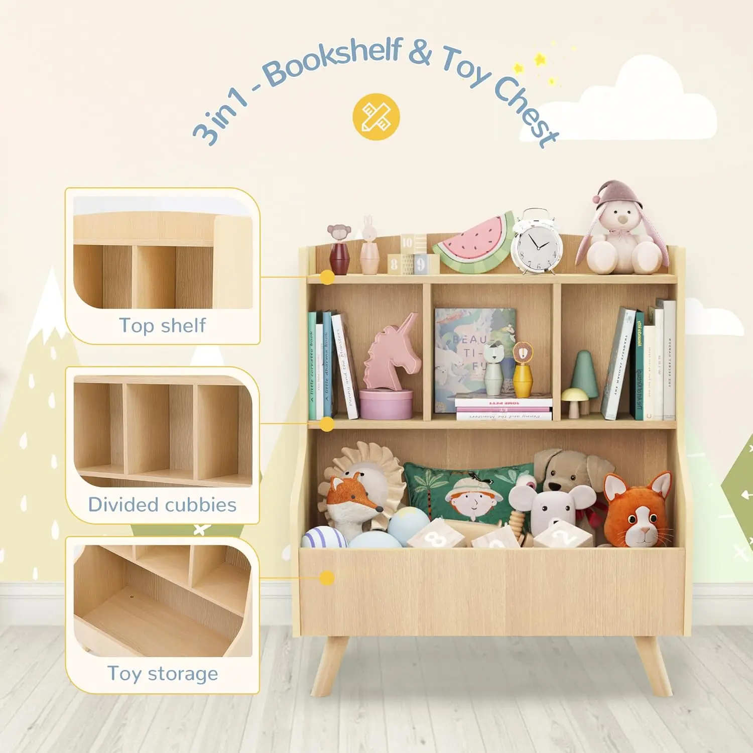 

Kids Bookshelf and Toy Storage, 3-Tier Wooden Bookcase, Baby Book and Toy Storage Display Organizer with Spacious Top Shelf