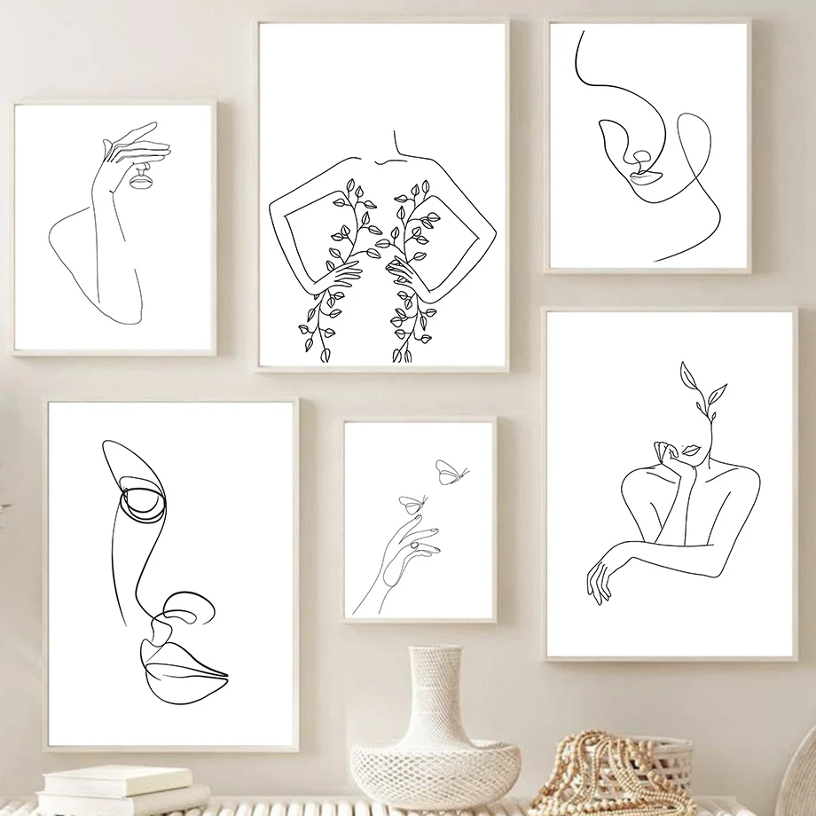 لوحة قماشية مجردة وجه المرأة ، ملصقات خط الأيدي ، فن جدار الحد الأدنى الشمال ، صور لغرفة المعيشة ، ديكور المنزل #1