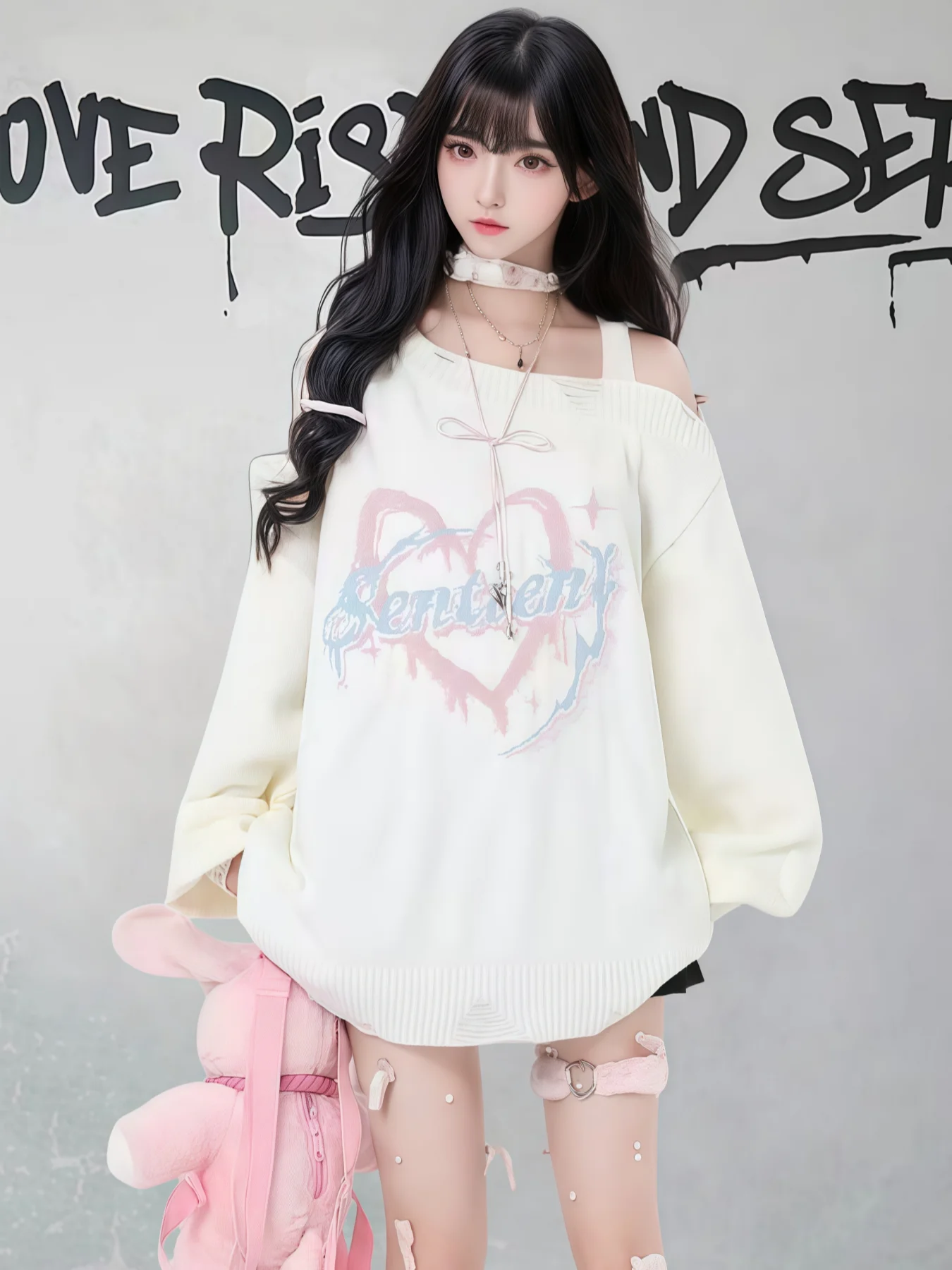 

oulder Bared Knitted Sweater for Girls Loose Fit Autumn Winter White Color Sweet Sle Long Sve round Ne Warmth Emitting