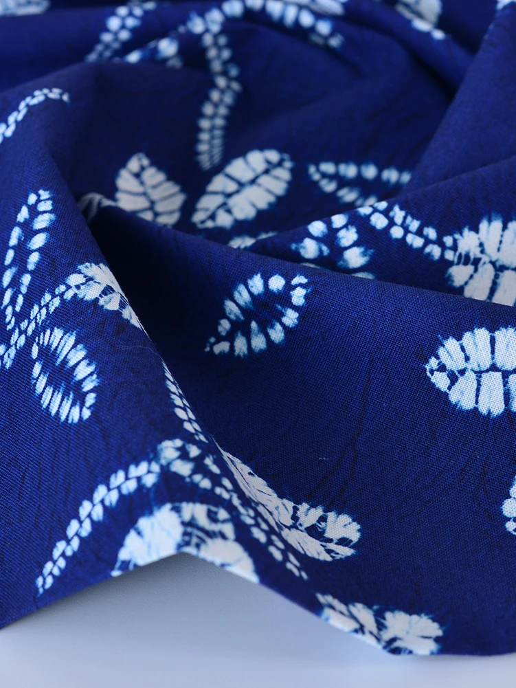 Indigo Dyed Fabric Navy Blue Cotton Leaf Flower for Sewing Clothes DIY Handmade by Half Meter