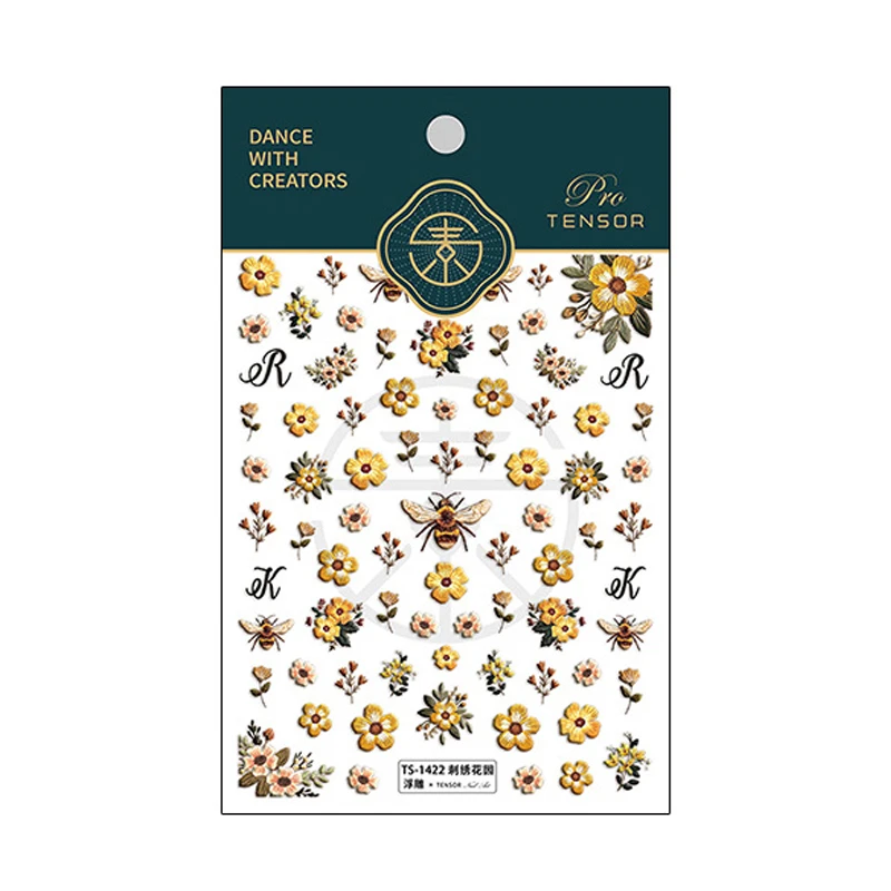 5D yellow embroidered bee kawaii nail stickers small yellow flower self-adhesive nail stickers embossed decorative nail stickers