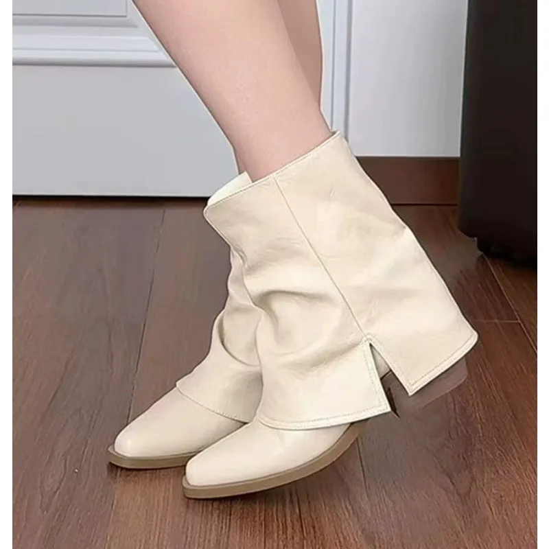

Vsintage Thick Heel Women Ankle Boots Fashion Pointed Toe Pleated Shoes Autumn Winter Ladies Elegant Trouser Legs Short Bootie