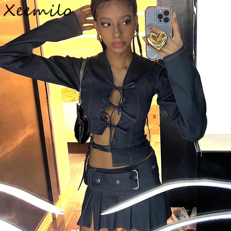 Xeemilo Y2K Multi Bow Bandage Hollow Out Long Sleeve Crop Tops With Mini Pleated Skirts + Belt Korean Fashion Womne 2 Piece Sets