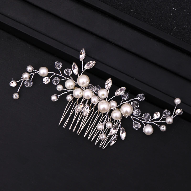 Silver Color Pearl Crystal Hair Combs Tiara For Women Bride Cheap Party Headpiece Wedding Hair Accessories Bridal Hair Jewelry image 2