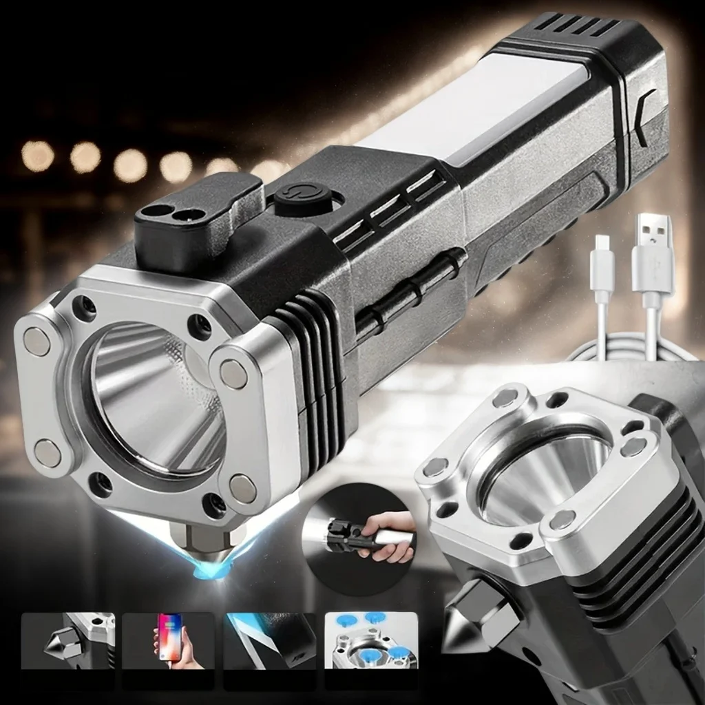 

​ ​ Супер яркий перезаряжаемый светодиодный фонарик - многофункциональный автомобильный безопасный молоток с оконным выключателем ​ ​