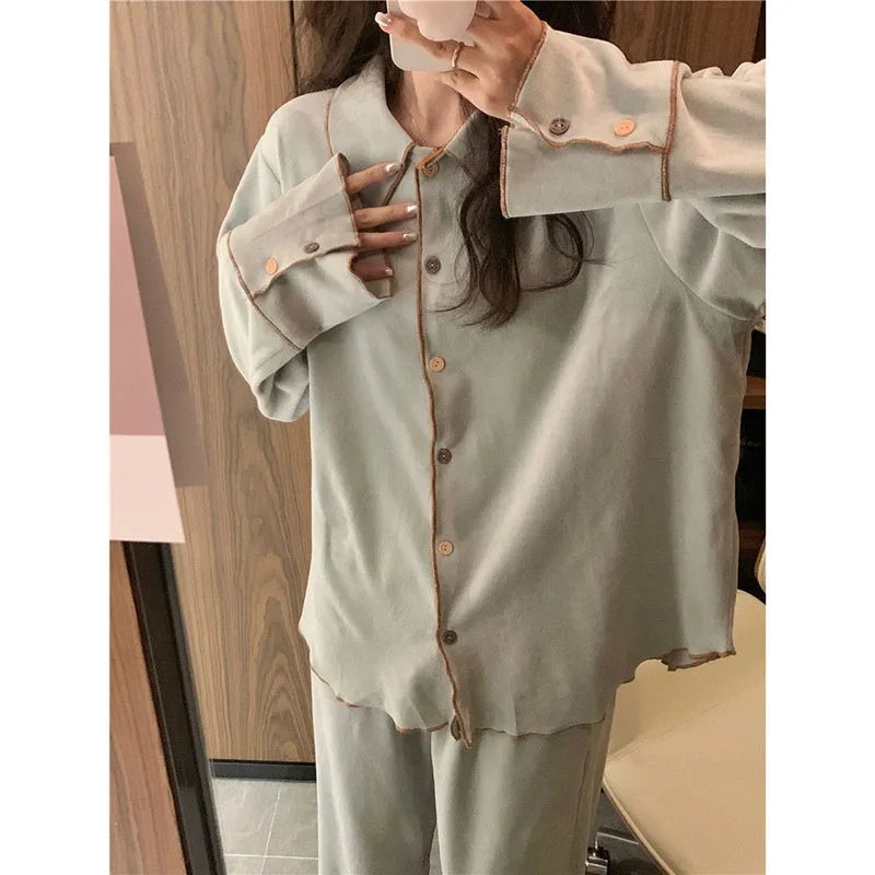 Ruffles Sleepwear Women Fleece Pajama Sets Winter Warm Piiama Button Pants Sets for Women 2 Pieces Night Wears Solid Home Suit