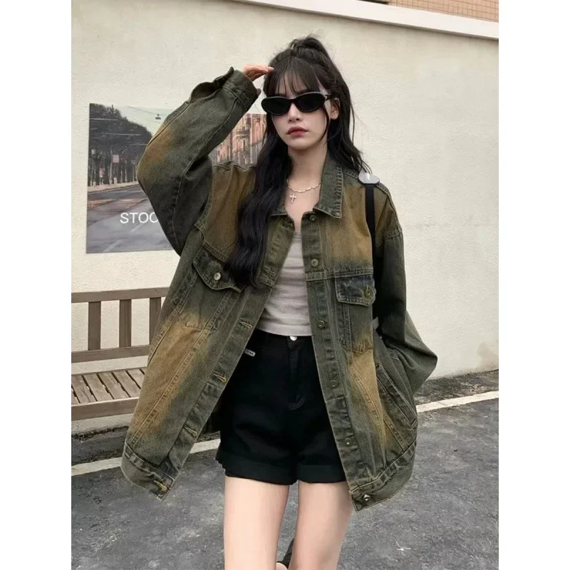 American Style Vintage Street Hip Hop Washing Distressed Denim Jacket Women's Autumn Loose Fit Oversize Jacket Top Trendy