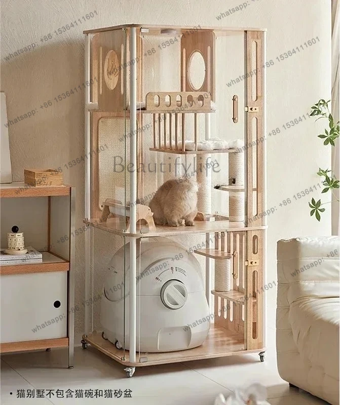 Solid wood panoramic cat villa can put automatic cat litter box tempered glass wooden indoor cat litter