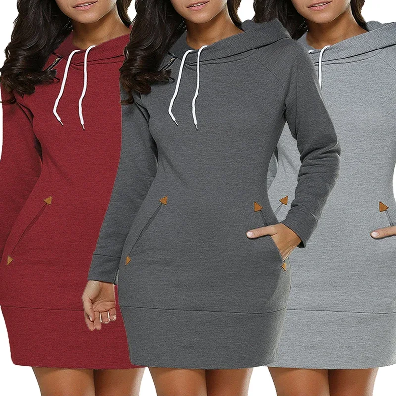 Womens Knee-Length Pockets Dress Hooded Fashion SweatShirt Long Sleeve Side Zip Neckline Hot Sales SimplicityCasual Sports Skirt