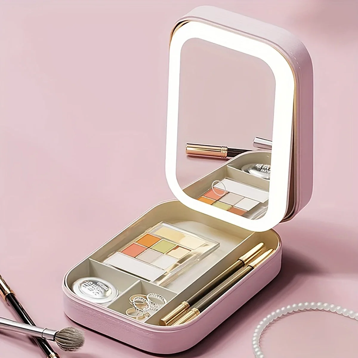 

1PC Adjustable separated cosmetic case with built-in mirror, portable cosmetic storage bag and beauty tool accessory box. Bag
