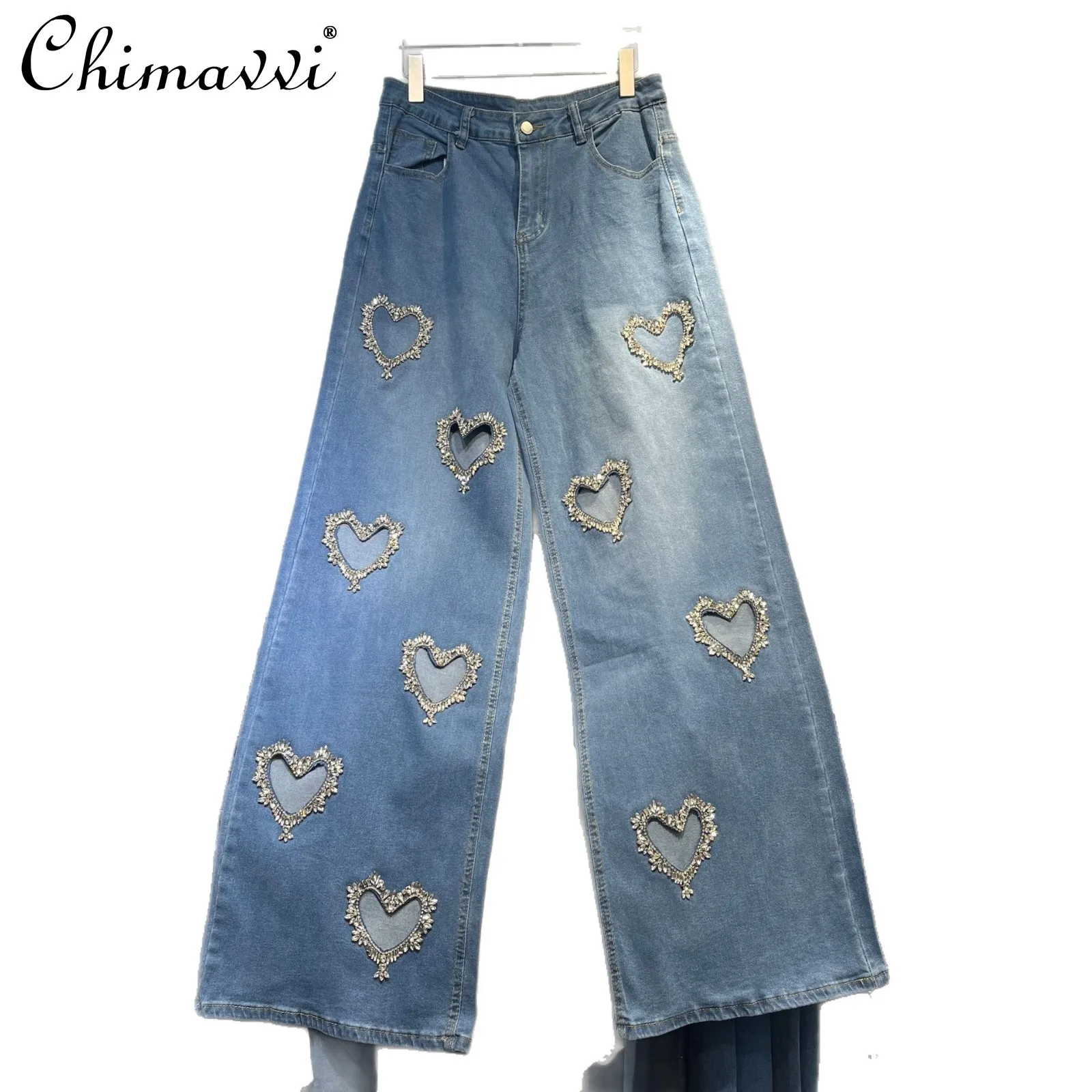 유럽 스타일 헤비 다이아몬드 하트 할로우 디자인 여성용 청바지 2025 가을 패션 와이드 레그 스트레이트 데님 팬츠