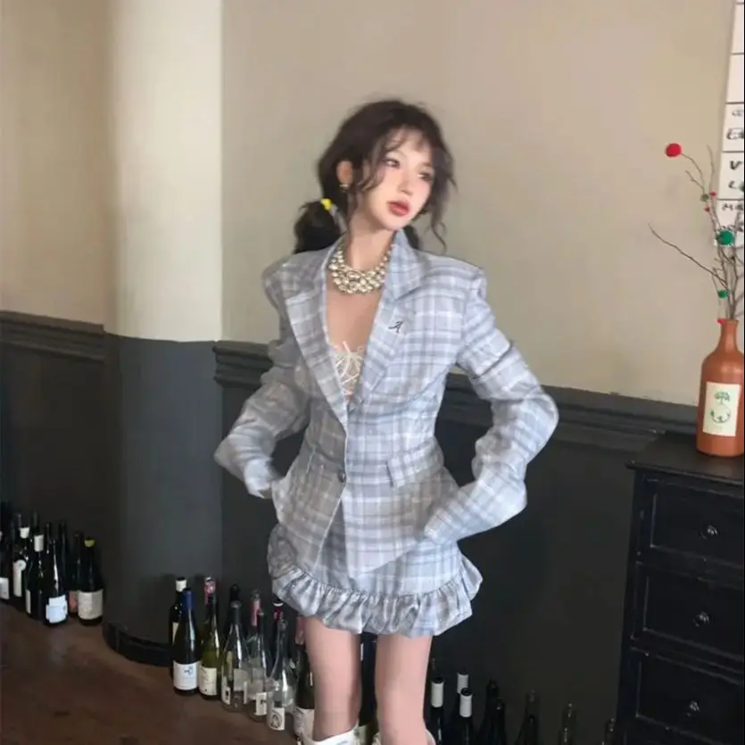 

Korea College Style Two-Piece Set Women Autumn Winter New Plaid Long-Sleeved Suit Jacket High-Waisted Flower Bud Short Skirt