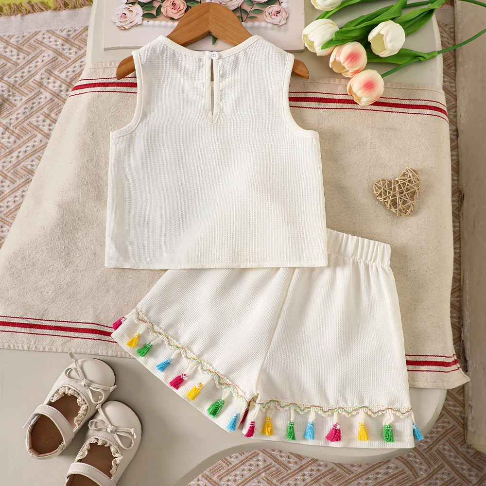 Girls' summer two-piece casual set: multi-colored three-dimensional floral waffle sleeveless vest top + multi-colored fringed