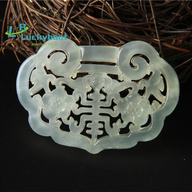 Natural Xiuyu Fu Shou Long Life Lock Pendant Jade Carved Hollow Plum Rich Blossom Lock Pendant Best Wishes for Baby Wholesale