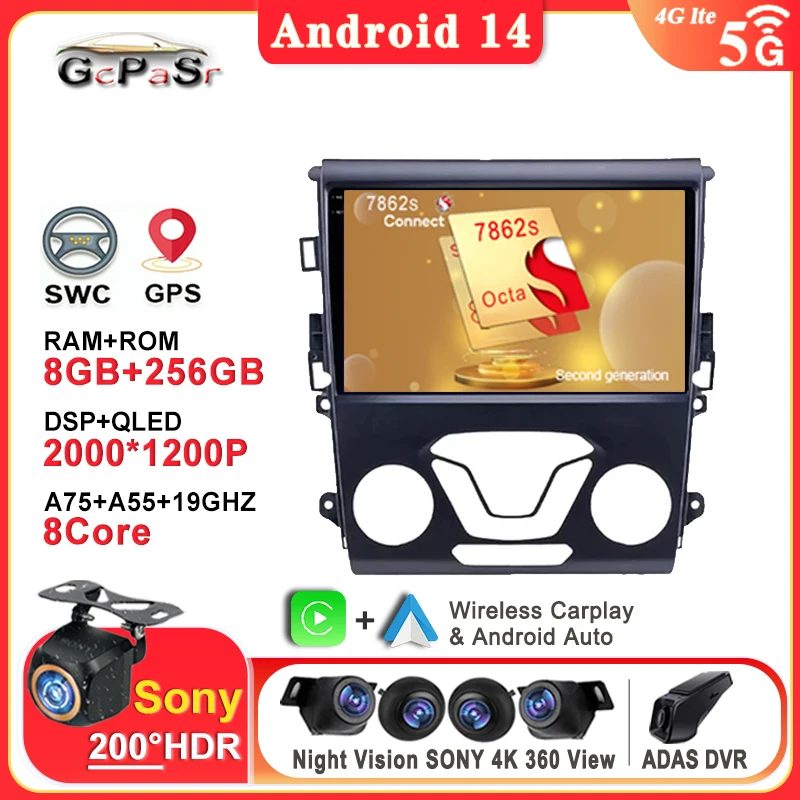 Android 14 Radio Player For Ford Mondeo 5 Fusion 2012 - 2014 GPS Navigation Dash Cam Touch Screen Stereo HeadUnit No 2din DVD