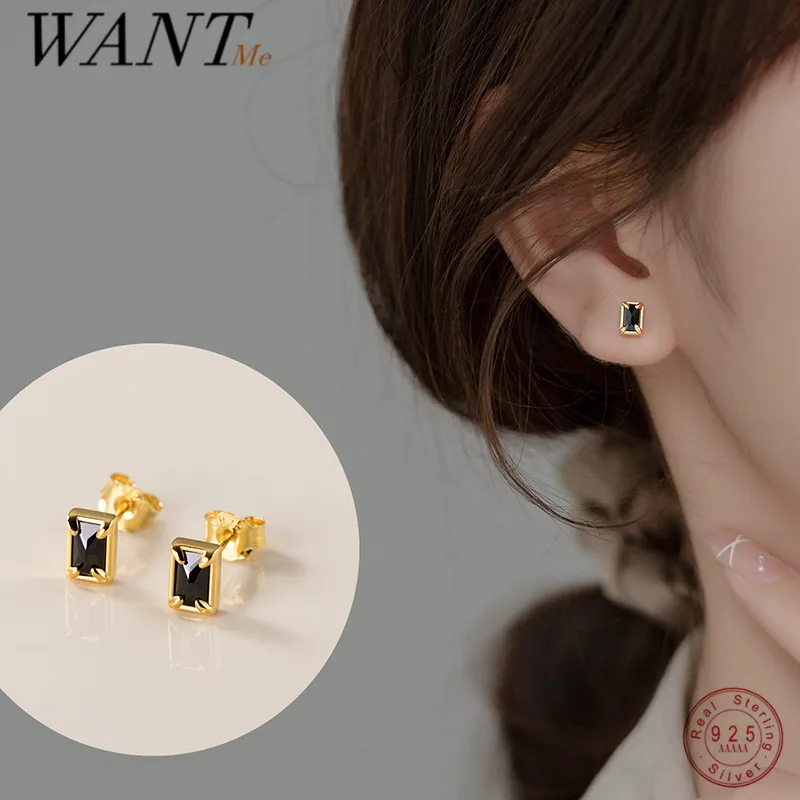 

WANTME 925 Sterling Silver Black Luxury Zircon Simple Square Small Stud Earrings for Women Statement Gold Elegant Party Jewelry
