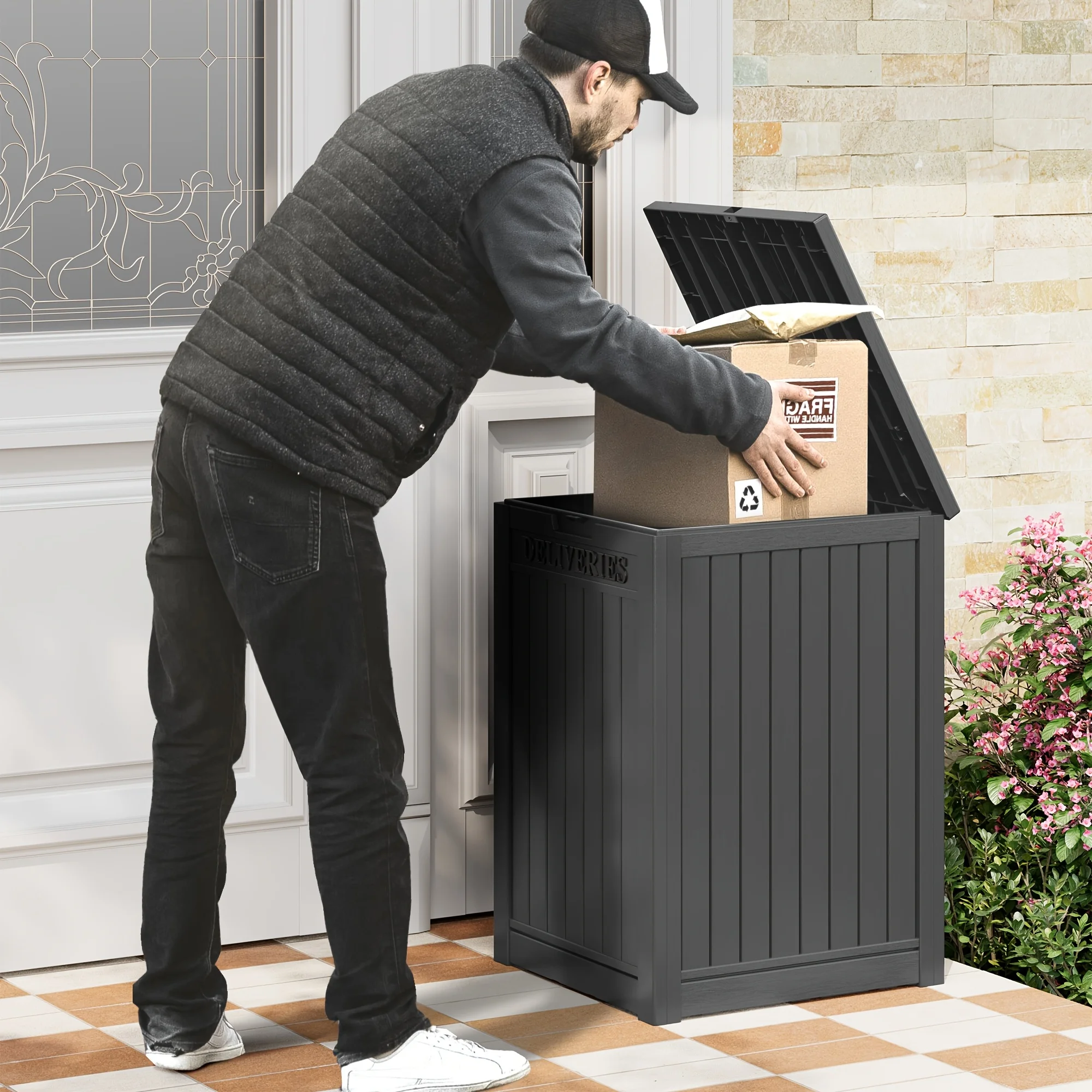 

48 Gallon Outdoor Storage Box with Locking Hole Lockable, Waterproof Material, Outdoor Weather Resistant, Package Drop Box for Porch, Outdoor, Patio, Large Outdoor Resin Deck Box, Outdoor Storage Racks, Cabinets, Black, Gray, Brown, Box,Cabinet,Rack