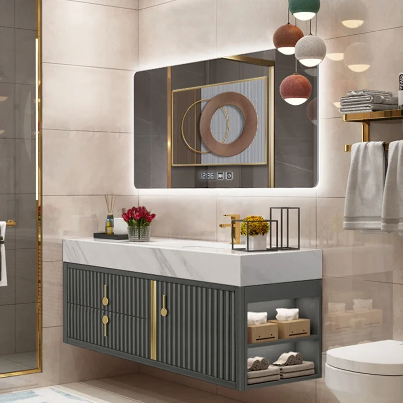 Modern light luxury bathroom cabinet, oak double basin, washbasin cabinet, combined bathroom, hand wash table, rock slab