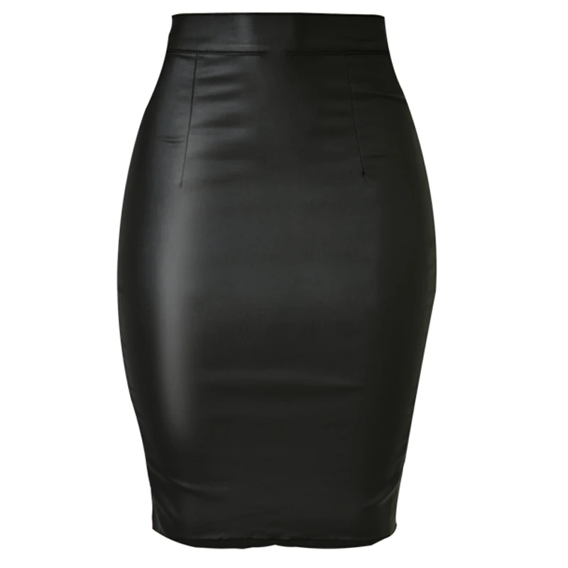 Stretch Faux Leather Skirts Women High Waist Office Lady Formal Work Wear Slim Split Female Skirt Elegant Back Zipper XS Black