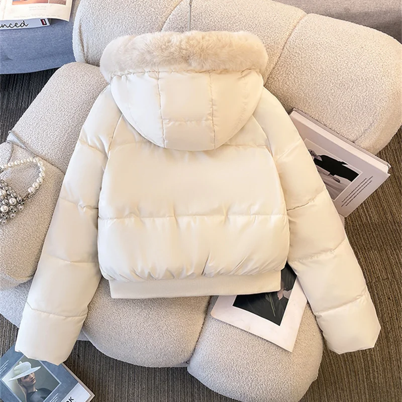 

2025 Fashion Hooded Down Cotton-padded Coat Women's Winter Short Jackets Big Fur Collar Streetwear Parkas Student Warm Outerwear
