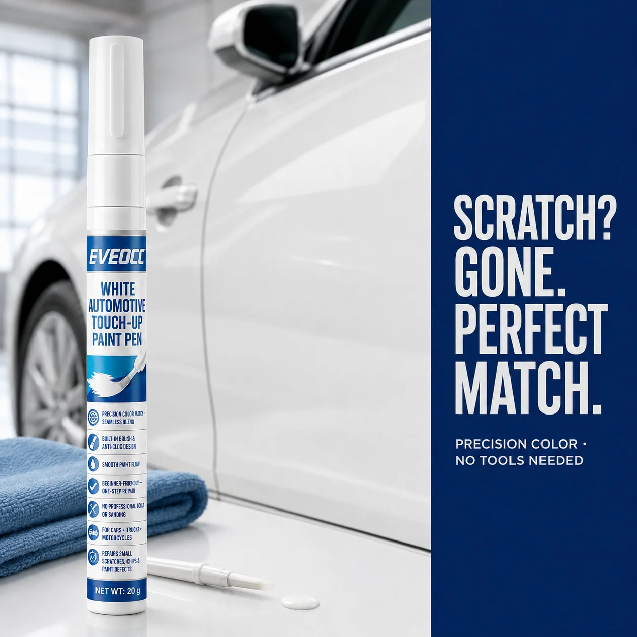 EVEOCC White Automotive Touch‑Up Paint Pen 20g, Car Scratch Repair Pen for Cars Trucks Motorcycles
