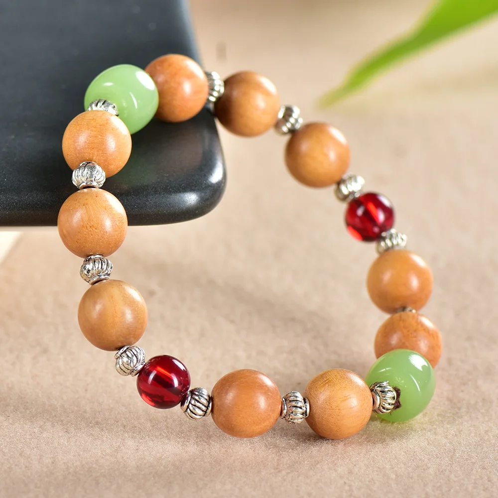 

Natural Sandalwood Single Loop Bracelet with DIY Jade Spacer Beads Vintage Style Prayer Beads for Men Women Couples Gifts
