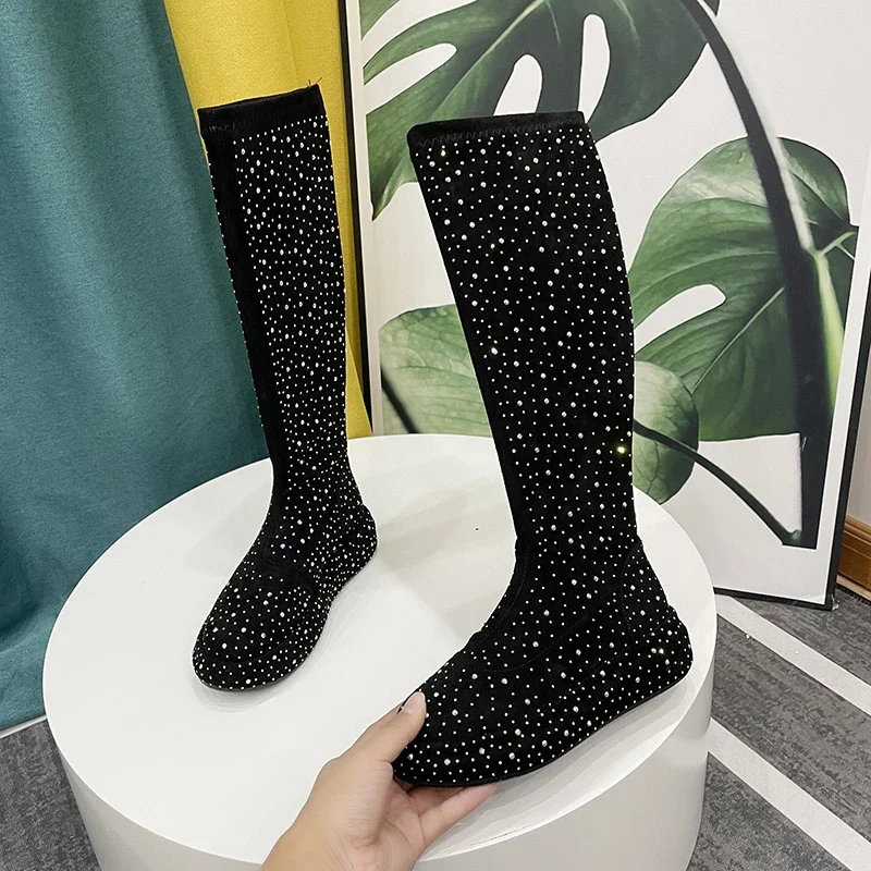 2025 Autumn New Designer Women's Modern Boots Luxury Knee Boots Fashion Diamond Design Black Women's Tall thigh high boots