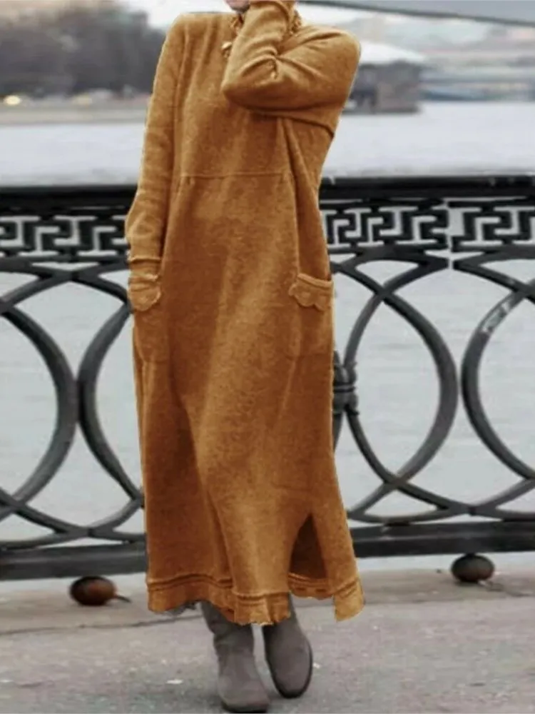 Women Loose Add Velvet Sweatshirt Dress Autumn Winter Solid Long Sleeve Pocket Loose Pullover Long Maxi Ruched Tassel Dresses