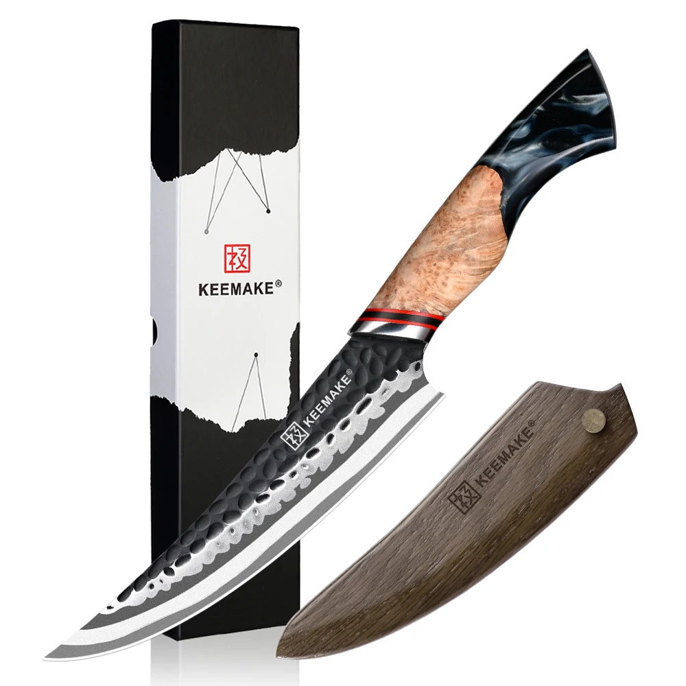 KEEMAKE 5,5 Zoll kleines Kochmesser, 7 Schichten, Damaststahl, japanisches Küchenmesser, scharfes Schneidmesser, ergonomischer Harzgriff