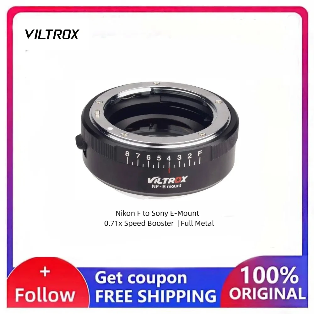 

VILTROX NF-E 0.71x Focal Reducer Adapter Nikon F Lens to Sony E Mount Camera 5 Elements 4 Groups Metal Body Tripod Base