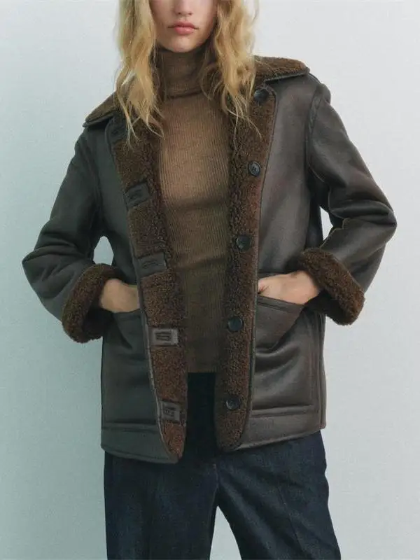 Autumn Winter New Sle Women's High-End Warmth Double-Sided Wear Faux Leather Fce Loose Outerwear 638248