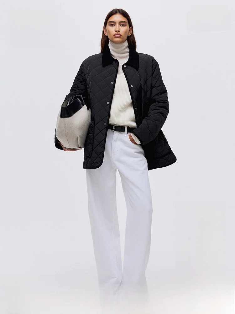 

H&M Women's Cotton Jaet Winter New Sle Diamond Stitching Loose Barn Sle American Coat Long Sve Regular Length Nylon ...