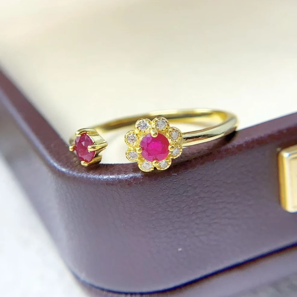 Genuine Ruby Ring 925 Silver 3mm Natural Red Stone Gold Plated Pave CZ Crown Design with Authentic Certificate Anniversary Gift