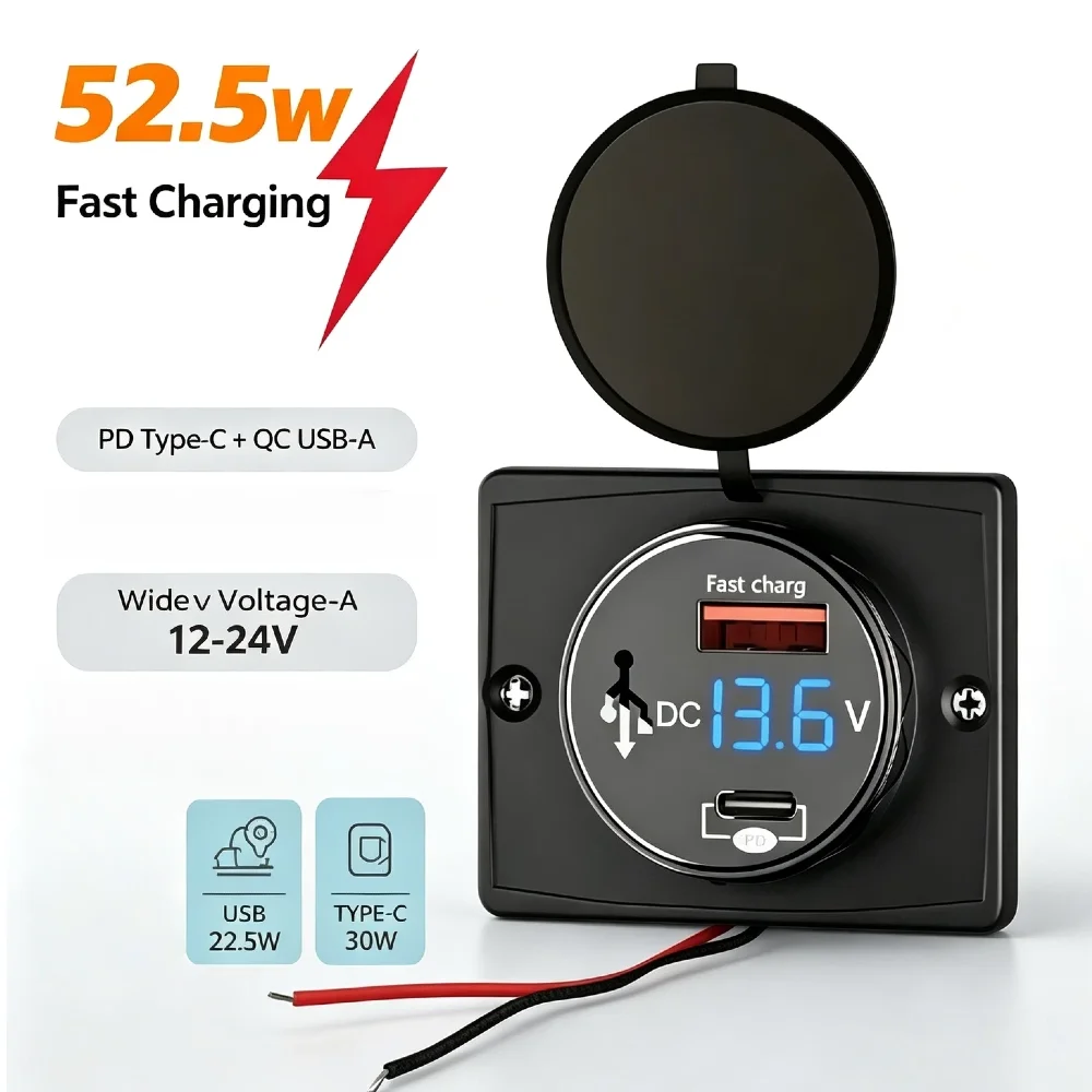 Dual Port Car USB Socket 52.5W PD QC Fast Charger LED Voltage Meter Waterproof Power Outlet for Car Bike Boat RV Truck